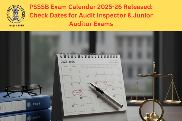 PSSSB 2025-26 exam calendar with dates for Audit Inspector, Junior Auditor, and more.