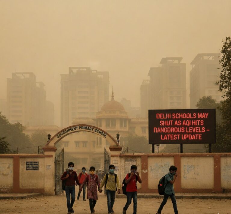 Smog-filled skyline of Delhi with children wearing masks outside a school